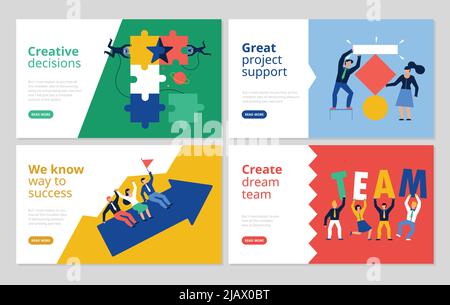 Teamwork horizontal banners set with project support symbols flat isolated vector illustration Stock Vector