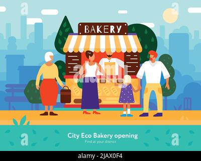 Bakery van with sellers buyers and family symbols flat vector illustration Stock Vector
