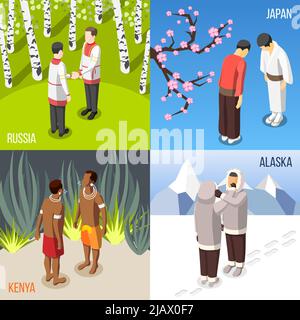 People from different countries greeting each other 2x2 isometric concept 3d isolated vector illustration Stock Vector