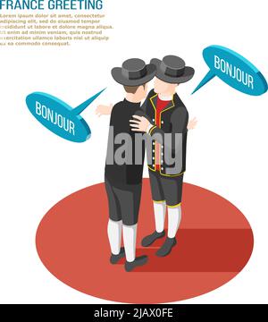 Isometric composition with two french people in national costumes greeting each other 3d vector illustration Stock Vector