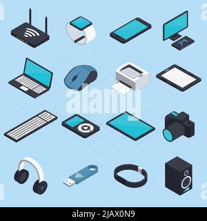 Isometric set of wireless mobile devices with smartphone notebook headphones usb tablet printer mouse modem icons isolated vector illustration Stock Vector