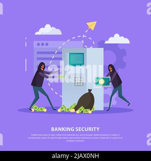 Banking security flat composition with hackers during atm robbery on violet background vector illustration Stock Vector