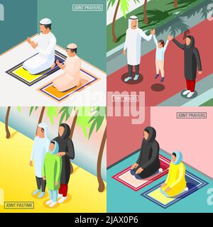 Praying and walking arabic families with their children 2x2 isometric design concept 3d isolated vector illustration Stock Vector