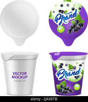 Realistic yogurt package icon set with 3D mockup template top front view vector illustration Stock Vector