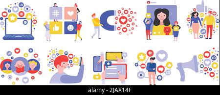 Social media network groups communication symbols flat compositions set with dating chatting photo video sharing vector illustration Stock Vector