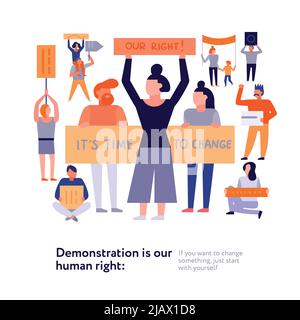 Crowd of protesting people with banners and placards during demonstration on white background vector illustration Stock Vector