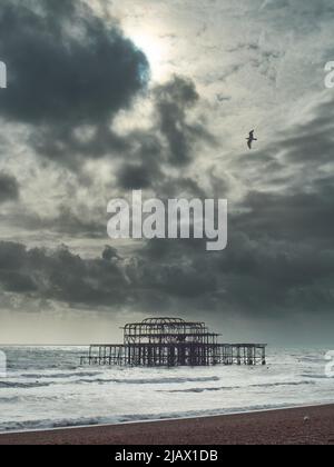 The skeletal ruins of Brighton West Pier under a dramatic sky seen from the shingle beach; a solitary seagull soaring overhead. Stock Photo