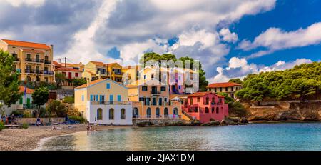 Turquoise Bay in Mediterranean Sea with Colorful Houses in Assos Village,  Kefalonia, Greece Royalty-Free Stock Image - Storyblocks