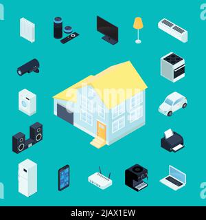 Smart home isometric decorative icons collection with private house in center domestic appliances and electronic elements of remote management around Stock Vector