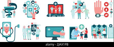 Digital medicine set of icons with medical electronic technologies online consultation pocket doctor isolated vector illustration Stock Vector