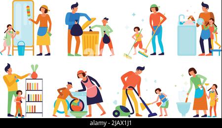 Set of kids helping parents with home cleaning isolated on white background flat vector illustration Stock Vector