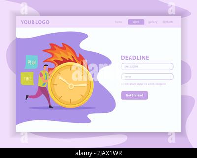 Deadline flat landing web page with user account and running human character with burning clock vector illustration Stock Vector