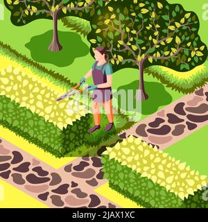 Gardener with tool during trimming of bushes beautiful landscaping with trees and stone sidewalks isometric vector illustration Stock Vector