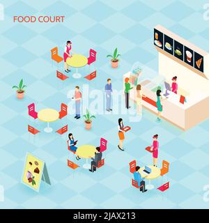 Colored fast food isometric icon set with food court at the mall with people who eat vector illustration Stock Vector