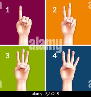 Counting hands from one to four 2x2 design concept set of square colored icons realistic vector illustration Stock Vector