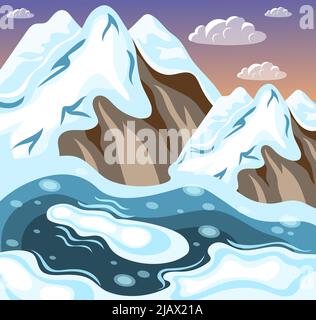 Winter landscaping snowy mountains and melting lake on background of sky and clouds isometric vector illustration Stock Vector