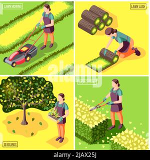 Landscaping isometric design concept with laying and mowing of lawn bushes trimming and seedlings isolated vector illustration Stock Vector
