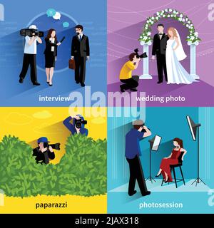 Photographer icons set with interview wedding photo paparazzi and photosession symbols flat isolated vector illustration Stock Vector