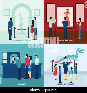 Art gallery for children in museum of antiquity 4 flat icons composition banner abstract isolated vector illustration Stock Vector