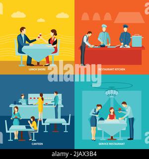 Best restaurant service and fresh food for remote customers 4 flat icons square banner abstract vector illustration Stock Vector