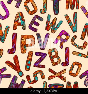 Zentangle alphabet seamless pattern with colored capital letters vector illustration Stock Vector