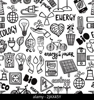 Black and white seamless pattern with different doodles of safety energy symbols and letterings flat vector illustration Stock Vector