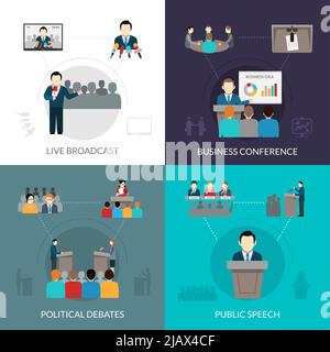 Public speaking people flat icons collection with conference meetings ...