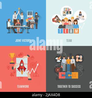 Business partnership and teamwork as formula for success 4 flat icons square composition abstract isolated vector illustration Stock Vector