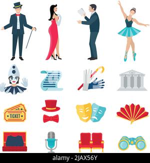 Theater flat icons set with drama and music performance symbols isolated vector illustration Stock Vector