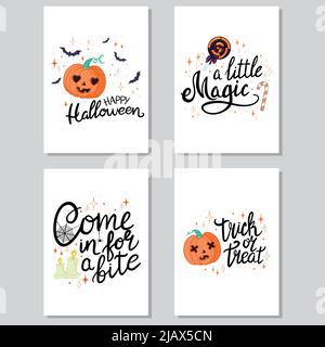 Vector set of Halloween holidays hand drawn invitation or greeting card with handwritten calligraphy greetings, words and phrases. Stock Vector