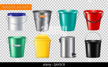 Realistic buckets transparent icon set with champagne metal bucket plastic and trash can vector illustration Stock Vector