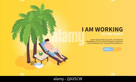 Isometric beach house tropic holidays horizontal banner with human character of freelancer character in hammock chair vector illustration Stock Vector