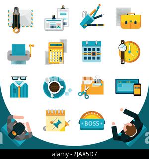 Office icons set with flat business stationery symbols isolated vector illustration Stock Vector