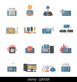 Computer repair icons set with hardware and software problems symbols flat isolated vector illustration Stock Vector