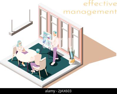 Effective management isometric composition with text and room interior with group of people during working meeting vector illustration Stock Vector
