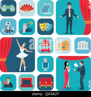 Theater icons flat set with actors and decoration symbols isolated vector illustration Stock Vector