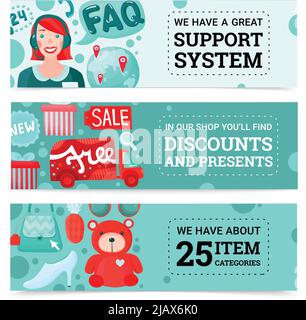 Online shopping horizontal banners collection with cartoon style images of goods gift boxes and support agent vector illustration Stock Vector