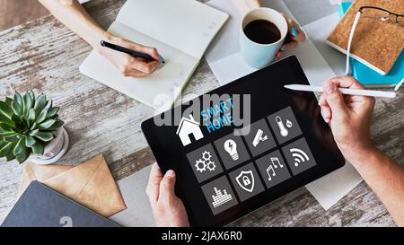 Smart home concept, control panel software on device screen. Stock Photo