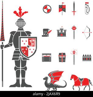 Medieval castle knight with lance and shield icons set and dragon red black abstract isolated vector illustration Stock Vector