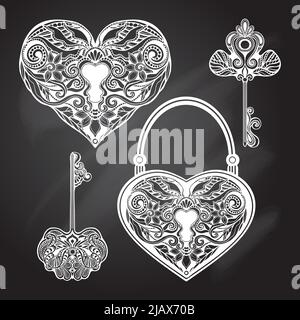 Chalkboard heart shape locks and retro style keys set isolated vector illustration Stock Vector