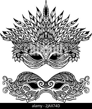 Decorative carnival mask set with feathers and ornaments isolated vector illustration Stock Vector