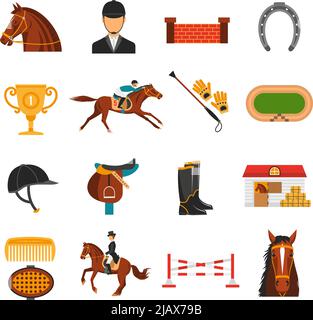 Flat color icons set with equipment for  horse riding isolated vector illustration. Stock Vector