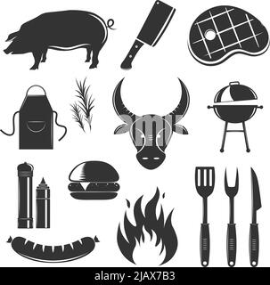 Steakhouse vintage elements collection with isolated silhouette monochrome images of meat products spices sauces and cutlery vector illustration Stock Vector