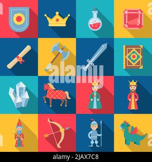 Fairytale game set with shield sword crown gems isolated vector illustration Stock Vector