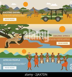 Africa horizontal banners set with african people symbols flat isolated vector illustration Stock Vector