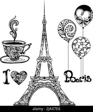 Decorative Eiffel Tower and Paris vacation symbols set hand drawn isolated vector illustration Stock Vector