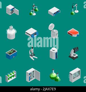 Scientific laboratory equipment isometric icons set with tools for natural research and highly technological devices isolated vector illustration Stock Vector