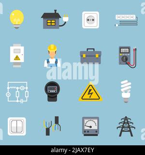 Electricity icons set with current and sockets symbols on blue background flat isolated vector illustration Stock Vector