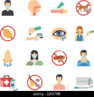 Allergy symptoms and allergens icons flat set isolated vector illustration Stock Vector