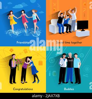 Friends buddies special events celebration and tv watching 4 flat icons square composition abstract isolated vector illustration Stock Vector